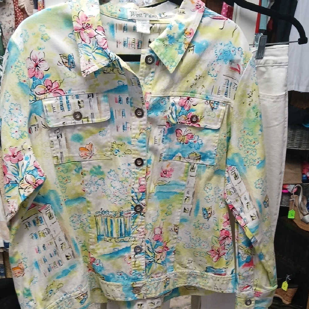 3/4 Sleeve Floral Jean Jacket in Pastel Multi